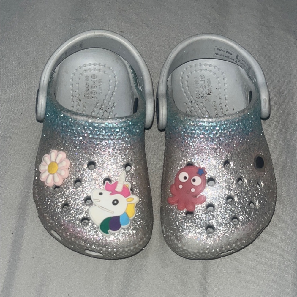 CROCS Kids Silver Glitter Clogs with Unicorn and Octopus